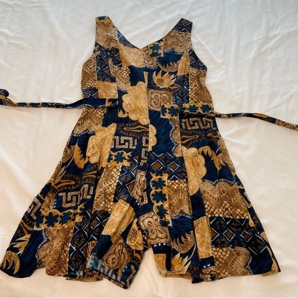 Joni Blair Romper Blue Tan Floral Abstract V Neck Button Front Tie Back Size 7 - Picture 4 of 9